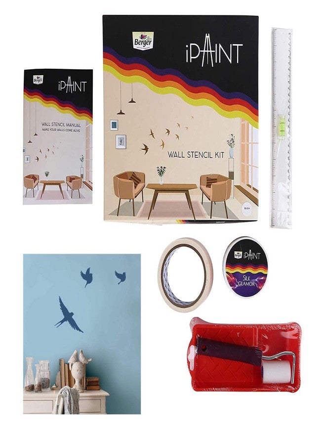 Berger iPaint DIY Wall Stencil Painting Kit | Birdie Design | Multicolor | 2" Foam Roller, Tray, 200ml Blue Paint, Stencil Set, Masking Tape, Leveller Scale & DOU Booklet for Easy Wall Art - Image 1